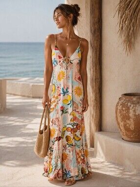 NWT Paper Heart Tropical Fruit Linen Maxi Dress Size L V Neck